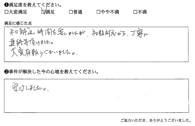 和解迄時間を要しましたが、初期対応から、丁寧に連絡等頂けました